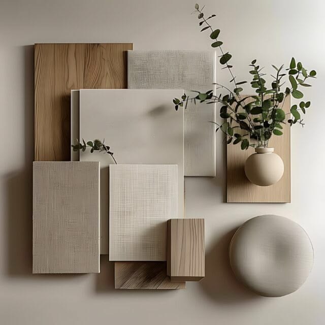 Japandi Apartment — material palette flat-lay with wood, linen and stone samples