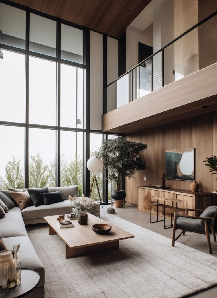 Japandi Apartment — double-height living room with full-height glazing and warm wood panelling