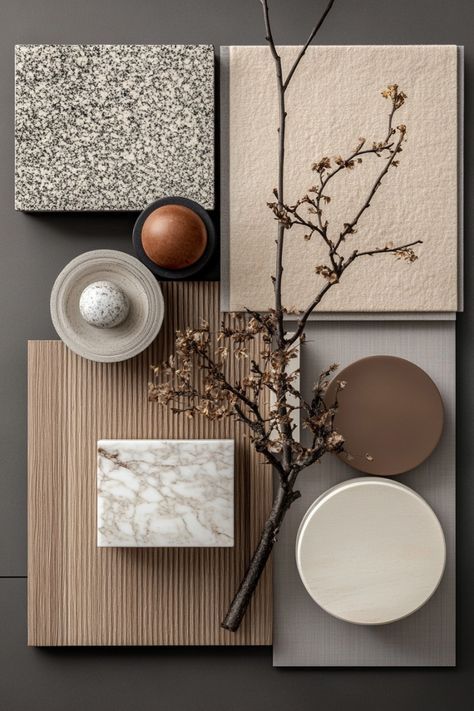Warm neutral material board — stone, oak, marble and blossom branch
