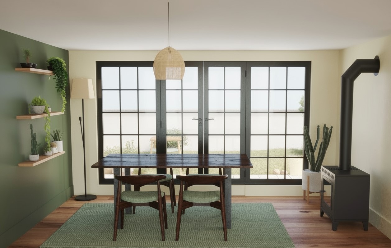 Scottish Cottage — reeded glass sliding partition with view to dining nook